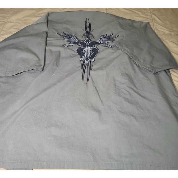 Dragonfly Roadhouse 3XL Biker Embroidered Skull Wings Motorcycle Button Up Gray - Picture 6 of 7